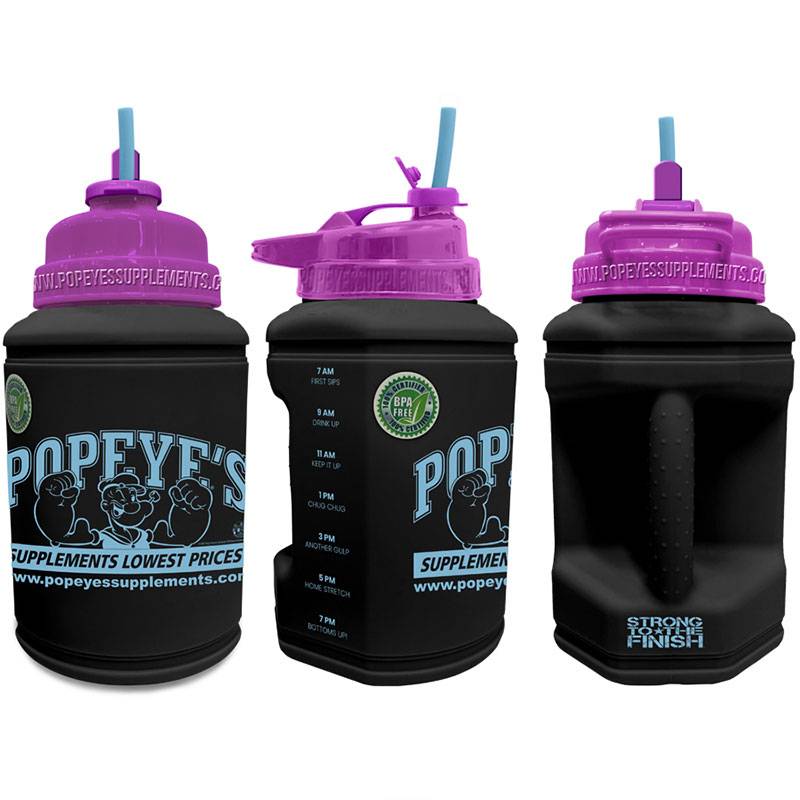 Popeye's Supplements Power Jug Flip-N-Sip "Popeye's Supps" -- Matte Black w/Purple Top
