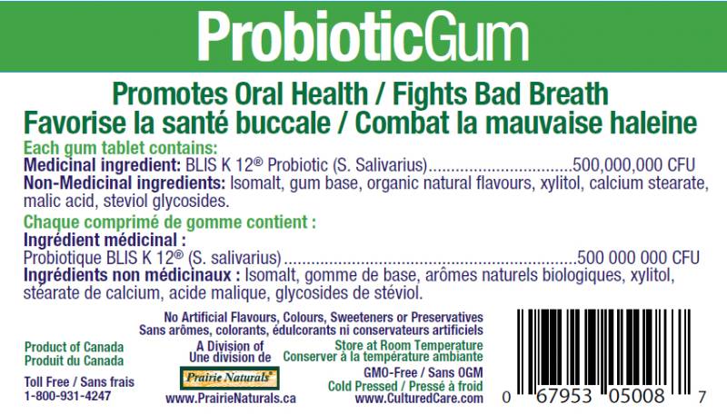 Prairie Naturals Cultured Care Probiotic Gum With BLIS K12 - Oral Health (Speakmint/Peppermint)